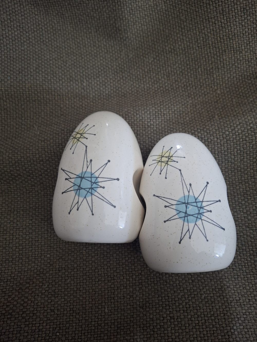 Franciscan Ceramic Mid-Century Starburst Salt and Pepper Shakers  White and Blue